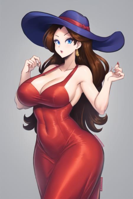 beautiful, masterpiece, best quality, perfect eyes, perfect face, 1girl, pauline, brown hair, blue eyes, long hair, claws, breasts, red headwear, sleeveless red dress, high heels, art, 2d, <lora:pauline-nvwls-v4:0.8>, <lora:SuperSatanSon-06:1>, (simple background, white background)