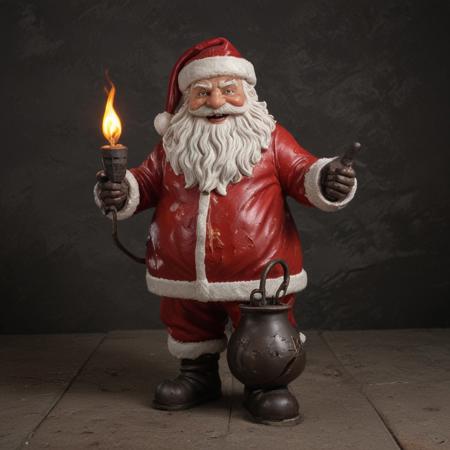 a santa crimson darkness, welcoming attitude, in 1 9 8 5,  photo, being delighted and cheerful, molten iron, prototype, 3 colour, full subject shown in photo, ecommerce photograph, mascot, 1964, pot bulb bulb, detailed, featured in artstation, cinematic