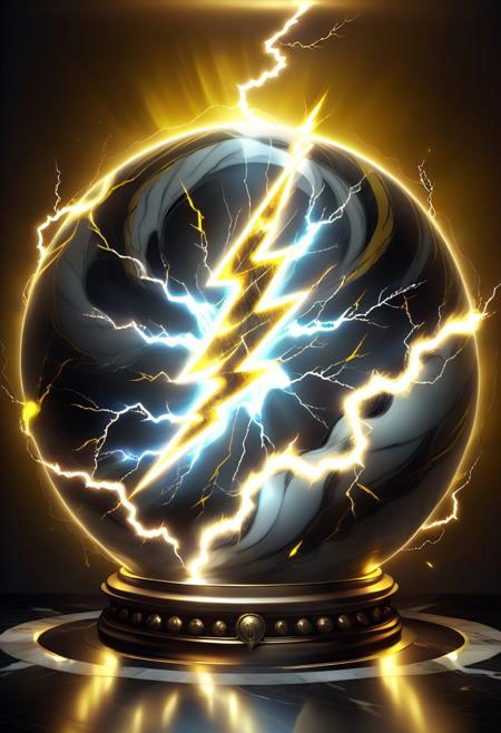 glowinglora, masterpiece, best quality, detailed illustration, (brighten the front:1.0), a large beautiful transparent marble, (yellow lightning symbol:1.4) inside the marble, glowing with power
