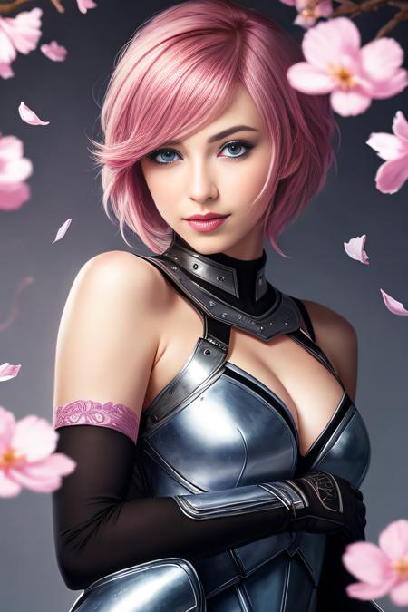 1girl, armor, blue_eyes, falling_petals, fingerless_gloves, gloves, lightning_farron, looking_at_viewer, parted_lips, pink_hair, short_hair, solo, masterpiece, illustration, best quality, highly detailed, ultra-detailed,an extremely delicate and beautiful girl,wallpaper, beautiful detailed eyes,solo, <lora:rmadart3NoiseoffsetSD1_v10:1>