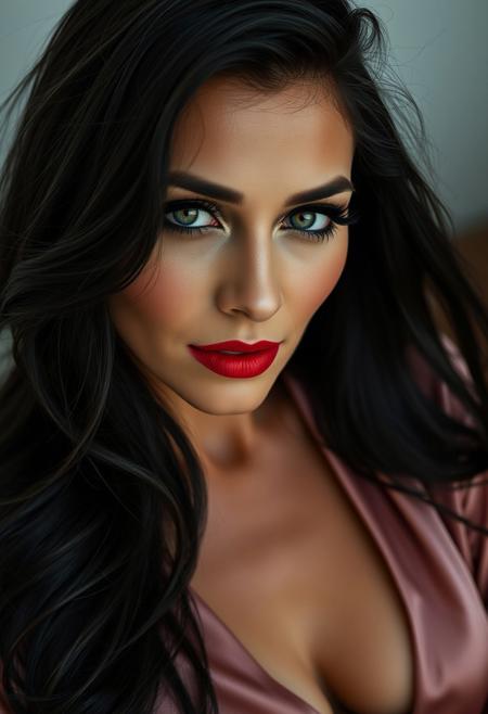 A mesmerizing 45-year-old woman, captured by a skilled photographer with a state-of-the-art camera and lighting. Her long, raven-black hair, styled in loose, windswept waves, frames her face perfectly. Her eyes, a captivating shade of dark, erotic green, are accentuated by a dramatic, smoky eye makeup look, with a winged eyeliner that elongates her eyes and adds a touch of mystery. A hint of gold shimmer is applied to the inner corners of her eyes, illuminating them and making them appear even more captivating. Her full, luscious lips are painted a deep, seductive shade of red, with a glossy finish that highlights their sensual curve. A subtle contour highlights her cheekbones, adding depth and dimension to her face. She is draped in a luxurious, flowing silk robe, partially open to reveal a glimpse of her toned, youthful body. The soft, diffused lighting enhances her natural beauty and creates a sense of intimacy. Every detail, from her hair to her makeup, exudes passion, sensuality, and confidence, making her a captivating figure who can ignite the deepest desires within others. She is a skilled temptress, capable of empowering individuals to explore their sexuality and embrace their true selves.