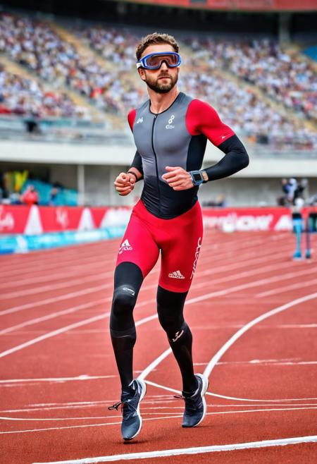 ▲ Close to: Photography of athlete standing full body, running garment, red sports goggles, stadium audience in background, 