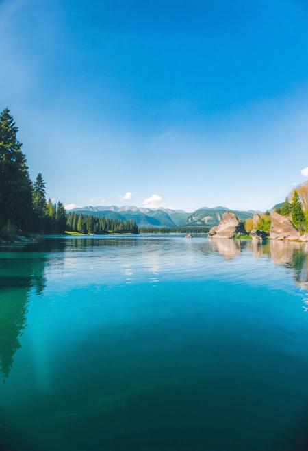 A picturesque landscape is showcased in this image, with a calm lake at its center. The water is still enough to act as a mirror for the clear sky above, which features a few white clouds. Tall trees with dense foliage line one side of the lake, while large rocks and boulders are visible on the other. In the distance, mountains rise against the horizon, adding depth to the scene. The colors predominantly consist of various shades of green and blue, creating a serene and natural atmosphere.
