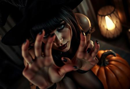 “Close-up of a glamorous woman with crossed bangs, wearing a gothic Halloween costume featuring a witch hat and sheer dark pantyhose. She has an alluring, voluptuous figure with prominent, sensual curves, leaning forward in a playful paw-like pose that suggests heavy breathing. Set indoors at night with a large pumpkin nearby, the scene evokes a spooky yet seductive Halloween atmosphere in monochrome, horror-inspired lighting. Shot with Panavision anamorphic cine lenses for a cinematic, widescreen effect, the viewer’s close, from-above perspective emphasizes her captivating allure within a night vision-inspired horror aesthetic. Anime-styled details enhance the eerie yet intimate vibe.”