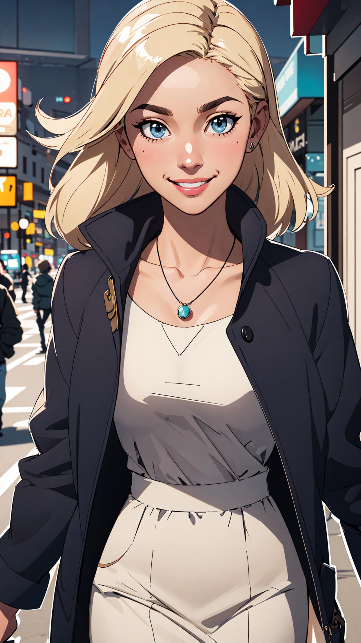 A woman in a white shirt and black jacket smiling and walking on a city street.