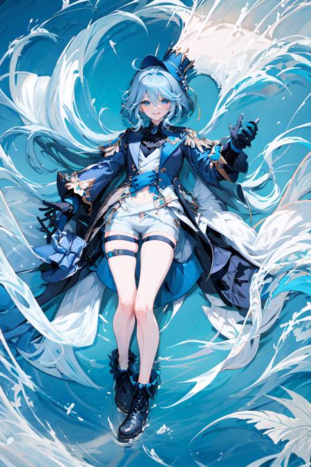 -Focalors, 1girl, solo, long hair, hat, shorts, looking at viewer, full body, gloves, long sleeves, blue headwear, black footwear, boots, thigh strap, cloud, jacket, short shorts, bangs, water, bare legs, blue theme, smile, white gloves, blue jacket, wide sleeves, sky<lora:Focalors_20230831151016:1>