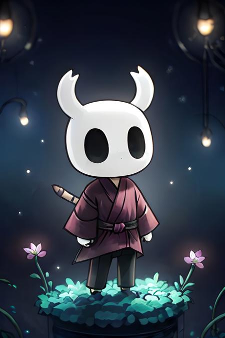 {high quality}, ((no human)), animation, depth of field, 
1boy, bug, outdoors, floating, robe, horns, <lora:空洞骑士V1128:1>, 
chibi,  firefly, glowing flowers, 