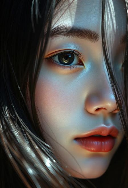 DSLR-style, slender, elegant 26-year-old Korean model, extremely pale skin with natural texture, soft shadow on cheek, diffused daylight from side, parted lips, masterpiece, ultra high-res  
<lora:NOOB_vp1_detailer_by_volnovik_v1:1>
barely visible pores, subtle skin texture variation, translucent skin tone, full body. 
Imagine a digital painting with a soft, ethereal quality, focusing intently on the delicate features of a young individual with long, flowing dark hair. The lighting should be gentle and diffused, perhaps reminiscent of soft natural light filtering through a sheer curtain or the subtle glow of an overcast day. This light should caress the subject's face, highlighting the subtle contours of their cheekbones, the gentle curve of their jawline, and the smooth expanse of their forehead. Avoid harsh shadows; instead, aim for a luminous and even illumination that emphasizes the skin's natural texture and tone.
The subject's eyes are a central focal point. They should appear large and expressive, with dark irises that hold a hint of introspection or quiet contemplation. The gaze should be direct yet soft, engaging the viewer with a sense of vulnerability and sincerity. Pay close attention to the subtle details of the eyelashes – their delicate length and the way they frame the eyes. The eyebrows should be naturally shaped and softly defined, contributing to the overall harmony of the face.