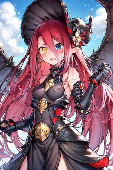 TYPHON TYPHON,1girl,yellow eyes,redeye,solo,very long hair,black dress,blush,elbow gloves,bare shoulders,heterochromia,black sclera,gauntlets, TYPHON,1girl,yellow eyes,redeye,solo,very long hair,black dress,blush,bare shoulders,heterochromia,black sclera,gauntlets,outdoors,blue sky,hat,fist shaking,STANCE,black wing,