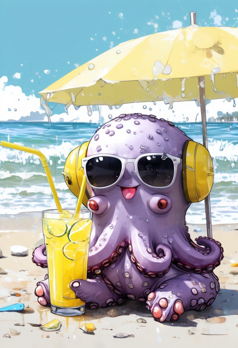 smiling kawaii sumikko octopus wearing sunglasses drinks lemonade at the beach, art by yoji shinkawa and sandra chevrier, trending on artstation, award-winning, perfect composition. Splash, animated, under beach umbrella,