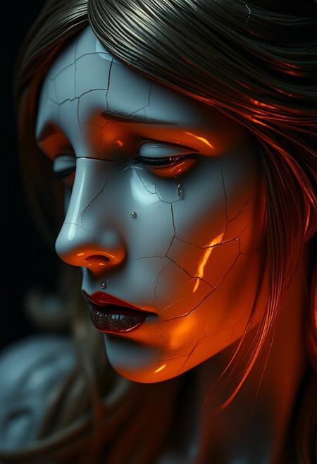 Closeup of a Cracked Porcelain woman, sad face, gold hair, kintsugi, cracks repaired with gold, golden tear drops, surrealistic, dark background, dramatic light