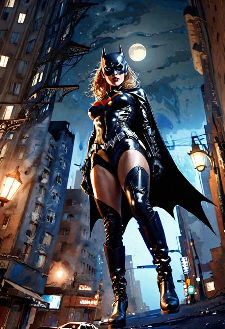 (dynamic_angle), Batwoman swinging between buildings, burning midnight costume, high boots, clothes like midnight full of stars, Night light, sharp shadows, moon lit, looking out over city, City landscape, dystopian city, crowds of people, standing high above stret, illustration,