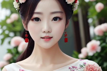 best quality, masterpiece, highres, 1girl,china dress,Beautiful face <lora:GuoFeng3.2_Lora_light:1> flowers, raod, little gardon
