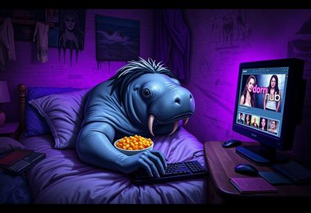 Photorealistic depiction of a manatee: the King of the manatees lays on a small unkempt bed inside a dank dirty room with purple LED lighting. He has greasy dyed black hair with white roots on his head. Beside his pillow on the bed is a bowl of mac'n'cheese. He is reaching for the mouse and keyboard in the foreground. He stares at a computer monitor which displays a video streaming website named "dornhub"