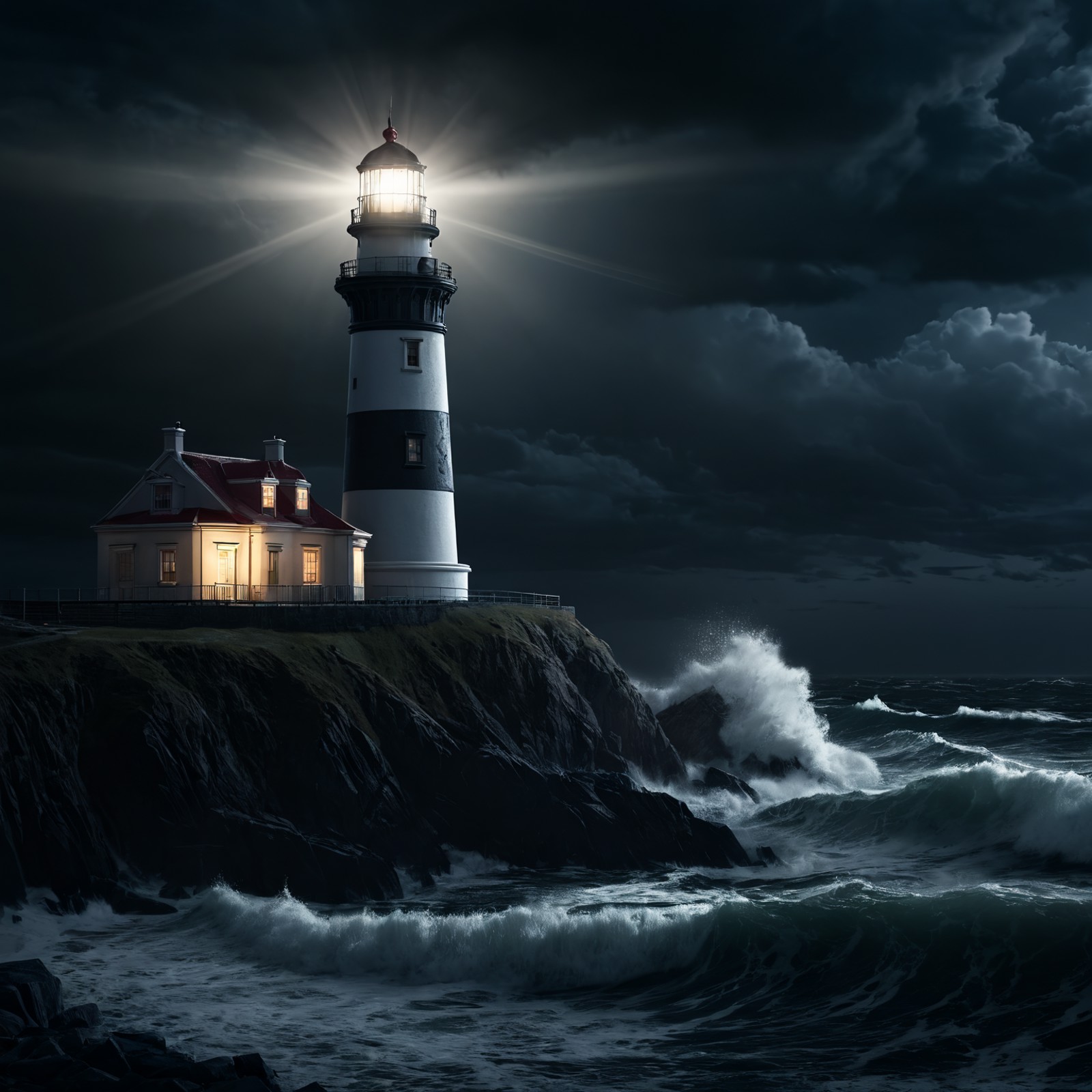 A lighthouse on the coast on a stormy night,
(masterpiece:1.2), (best quality:1.2), ultra-detailed, best shadow, detailed ...