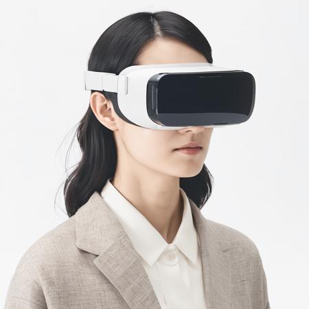 vr goggles made of glass, woman wearing
 <lora:muji_v1.0_XL:1>, By MUJI