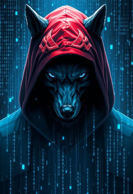 hooded anthropomorphic man-wolf, in a Matrix-style digital world, surrounded by flowing binary code. Add blue glitch effects for a striking, surreal look. Blend in geometric patterns for complexity, Matrix digital rain