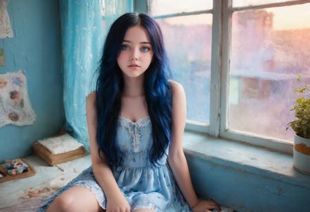 photo of girl, long black hair, blue and pastel hair, detailed eyes, relaxed pose, relaxed, bored, summer dress, cute,a detailed background, clutter room, large detailed room, beautiful lighting, evening, beautiful window view, <lora:xl_more_art-full-beta2:1>