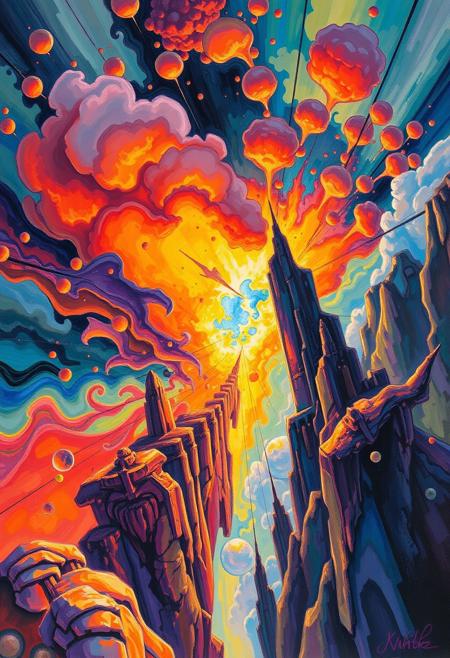 gouache painting about In the unpublished and breathtaking image far beyond the unseeable by syd mead, the essence of the Master's artistry shines through with remarkable clarity. As your eyes wander across the canvas, you'll encounter a harmonious fusion of elements that defy convention and ignite the imagination. It is a visual symphony that stands as a testament to meads boundless creativity. Vibrant and sublime colors dominate the image, bursting forth with a luminosity that captivates the viewer.,