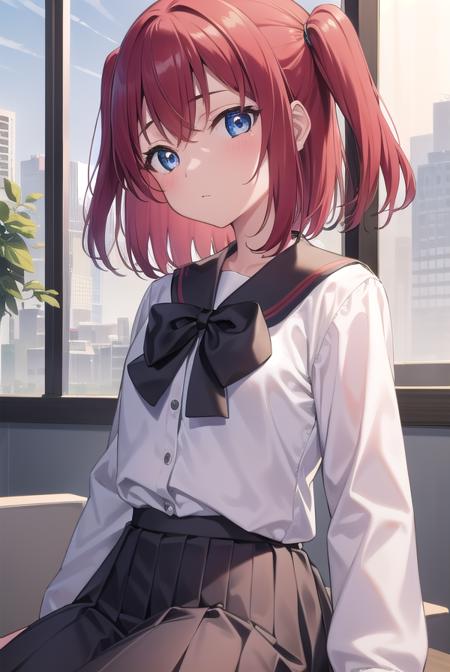 rubykurosawa, <lyco:rubykurosawa-lyco-nochekaiser:1>, 
ruby kurosawa, aqua eyes, medium hair, red hair, two side up, twintails, (flat chest:1.2), 
BREAK black socks, bow, bowtie, brown footwear, buttons, grey sailor collar, grey skirt, loafers, long sleeves, miniskirt, pleated skirt, sailor collar, school uniform, serafuku, shirt, shoes, skirt, uranohoshi school uniform, white shirt, winter uniform, yellow bow, yellow bowtie,
BREAK looking at viewer, 
BREAK indoors, classroom, 
BREAK <lyco:GoodHands-beta2:1>, (masterpiece:1.2), best quality, high resolution, unity 8k wallpaper, (illustration:0.8), (beautiful detailed eyes:1.6), extremely detailed face, perfect lighting, extremely detailed CG, (perfect hands, perfect anatomy),