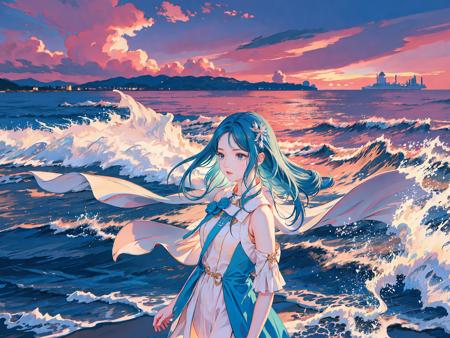 (ins style: 1.5), (oceanic beauty), 8k wallpaper, photography, 1 girl, [beach], [sea], [wind], (flowing dress), (tousled hair), (blowing wind), (serene mood), (vivid colors), (detailed features), (whimsical atmosphere), (graceful movement), (timeless charm), (seaside adventure), ulzzang-6500-v1.1,<lora:aespaKarina_aespaKarinaV2:0.5>, <lora:画风 唯美Samia:0.5>,[beautiful detailed face,beautiful detailed eyes]