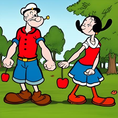 <lora:popeye:0.7> a popeye and   an olive girl, walking in the park