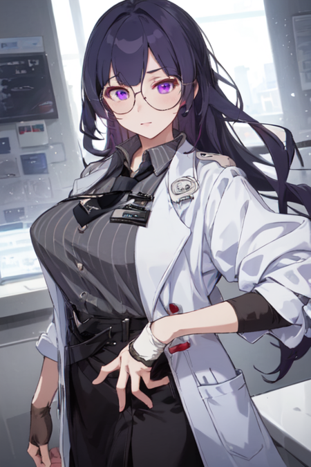 DrMEI, 1girl, solo, long hair, black skirt, large breasts, collared shirt, fingerless gloves, purple eyes, purple hair, glasses, black gloves, white coat, black necktie, sleeves rolled up, labcoat, polo shirt, 