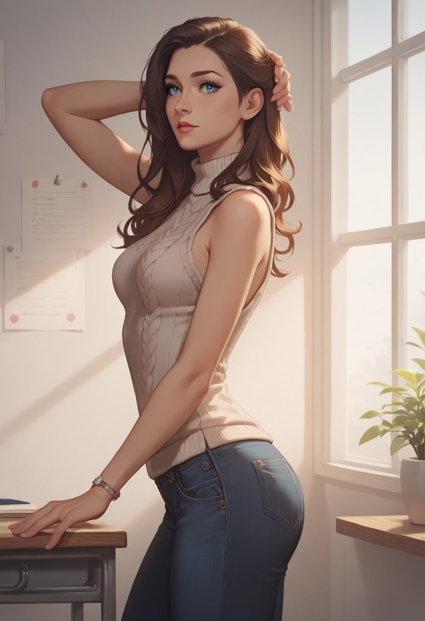 8k resolution, score_9, score_8_up, score_7_up, 22 years, Expressiveh, single a sexy brown hair blue eyes girl, medium perfect breasts, perfect face, medium wavy hairstyle, hourglass body, detailed eyes, semi realistic, standing, university class room, teacher sweater, black jeans, pose for photo