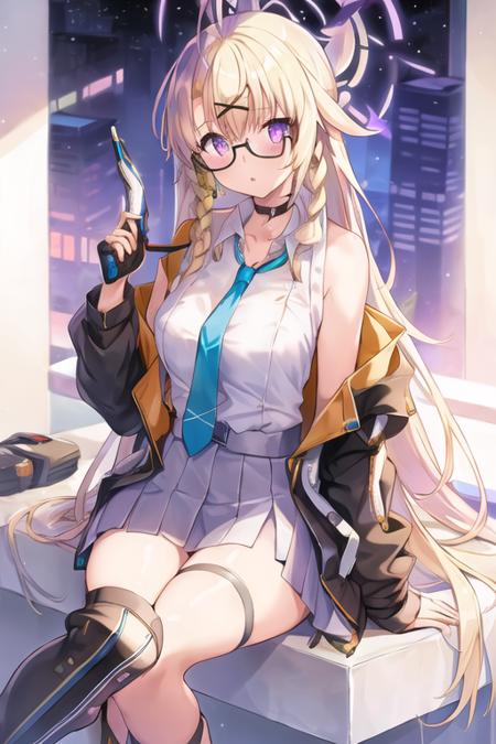 1girl, otose_kotama, halo, blonde hair, long hair, bang, hair ornament, side braid, purple eyes, glasses, choker, jacket, open clothes, white shirt, necktie, short skirt, boots,, city <lora:otose_kotama:0.8>