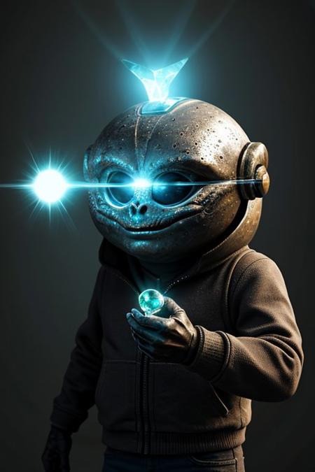 (masterpiece, 8k, photorealistic) grotesque alien creature holding a glowing mystery gem, looking at the gem in awe of what it's found