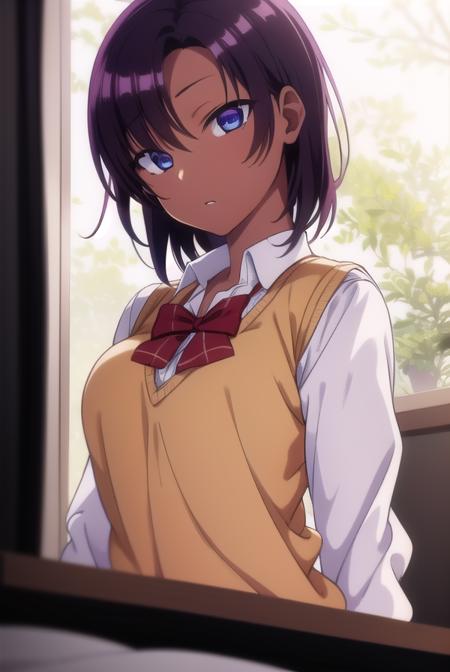 saehinata, <lora:saehinata-lora-nochekaiser:1>, 
sae hinata, blue eyes, purple hair, dark skin, dark-skinned female,
BREAK shirt, bow, school uniform, white shirt, collared shirt, bowtie, red bow, sweater vest, brown sweater,
BREAK looking at viewer,
BREAK indoors, classroom,
BREAK <lora:GoodHands-vanilla:1>, (masterpiece:1.2), best quality, high resolution, unity 8k wallpaper, (illustration:0.8), (beautiful detailed eyes:1.6), extremely detailed face, perfect lighting, extremely detailed CG, (perfect hands, perfect anatomy),