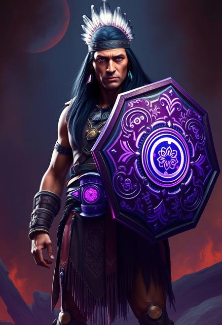Mysterious native American tribal man with vest armor and long black hair, standing resolute in a defensive pose, with an epic shield that shimmers and glows with an otherworldly aura, its surface comprised of intricate, magical, and colorful purple symbols, reminiscent of the dreamlike artistry of Roger Dean and the vibrant colors of Syd Mead, set against a dramatic, cinematic background with deep chiaroscuro contrasts, and rich subsurface scattering, evoking the fantastical, high-fantasy worlds of cover artist, Michael Whelan, in a bold, dynamic, and detailed digital art style with a mix of realism and fantasy elements