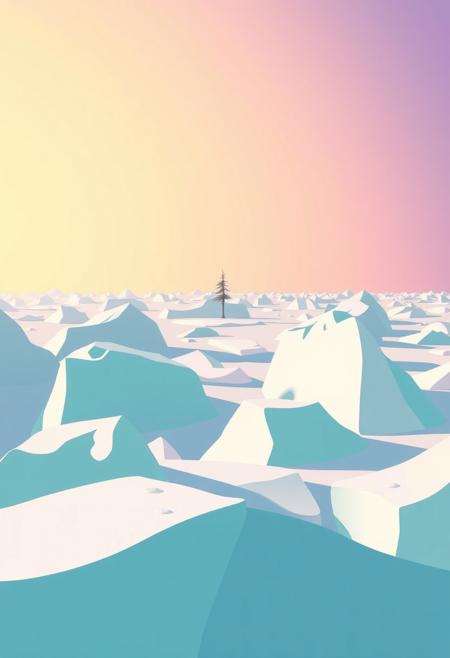 A sweeping arctic landscape unfolds in bold, simplified forms—icebergs rise in smooth, sculptural shapes, their edges softened by mist and light. The foreground features large, flat blocks of pastel color—mint greens, pale lilac, and cream—creating a stark contrast with the deeper sky of flat navy and violet. Shadows fall in exaggerated curves, and all surface details are reduced to minimalist contours. A lone tree, stripped of leaves and reduced to silhouette, stands at the horizon like a quiet symbol. The sky is broad and glowing, gradating from pale yellow at the horizon to a serene cerulean above. The composition feels otherworldly in its stillness, with stylized forms conveying depth and weight through shape and color rather than texture. Every line is deliberate, every hue emotionally charged, turning the landscape into both place and symbol—silent, strong, and transcendent.