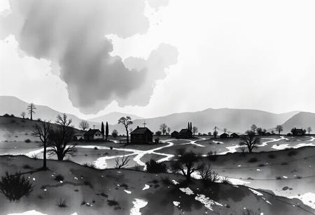 A gloomy and dark black and white watercolour lanscape of the desolate village, black background
