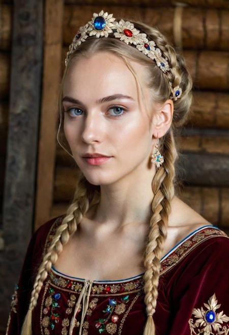 8k, UHD, photorealistic full-body vintage portrait, beautiful Russian young woman, 22yo, blonde, hairstyle of two braids, in a long Russian national vintage costume of XVI century, decorated with precious stones, in the Russian hut, ((detailed face, very detailed animate eyes, correct round pupils, detailed hair)), ((Russian solid high kokoshnik)), friendly expression on her face, ((detailed skin, visible pores on the skin)), ((slender beautiful figure)), correct anatomy, make-up, against the background of Russian nature, DSLR, Nikon Z 55 mm, depth of focus, detailed background