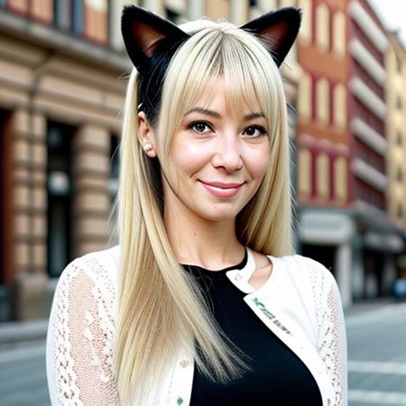 A realistic an cute girl. She has cat ears and a beautiful and delicate white skin.