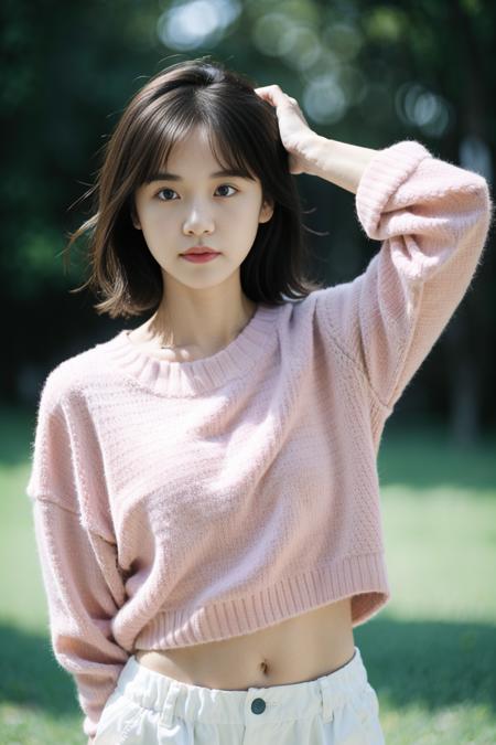 FIMG,arms behind back,upper body,depth of field,blurry background,(8k, RAW photo, best quality, masterpiece:1.2),(realistic, photo-realistic:1.37),lss,1girl in pink sweater,short hair, <lora:lss2-000012:0.7> (pureerosface_v1:0.7) <lora:FilmG4:1> <lora:shojovibe_v11:0.3>