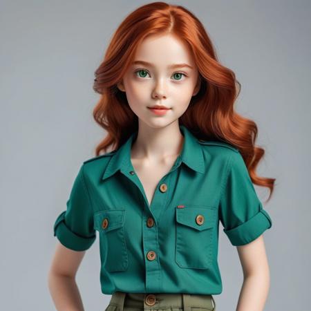 A girl, with a very American appearance, beautiful with big light-colored eyes, a button nose, red hair, wearing a so cool green top, a very good figure and wearing a big blue cargo pants.