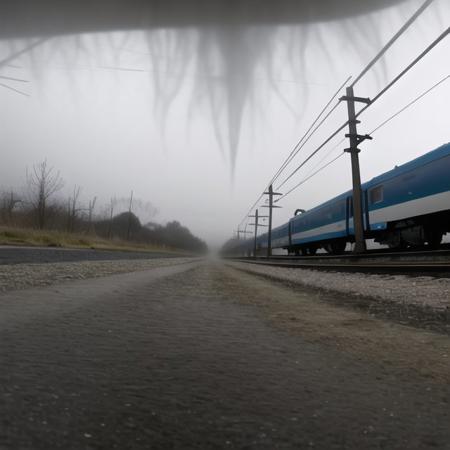 <lora:catpov:1>, catpov, background, foreground, from below, 
 a foggy morning with a train on the tracks and street lights on the street and a bus on the road