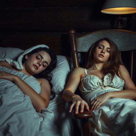 beautiful woman, 18yo, asleep in a bed, washcloth on her forehead. On a rocking chair next to the bed, a gorgeous female, 30yo, asleep with head back in the chair. Night time, dim table lamp, 1840s cabin, close up on faces and chests.