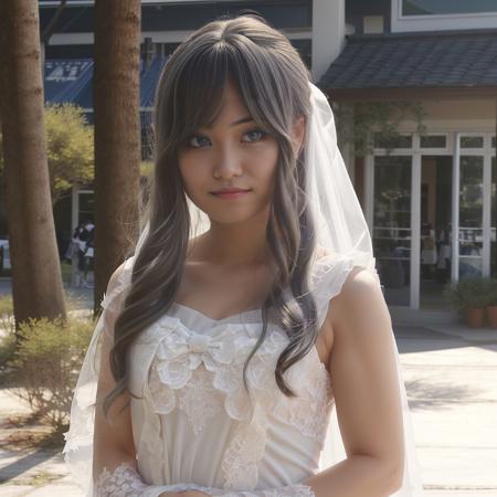 <lora:twcoser_02:0.7>, 1girl, solo, photorealistic, realistic, (indoors, wedding party, stage), cosplayer, looking at viewer, sunshine, sun, skyline, (wedding dress, veil), (black hair), upper body