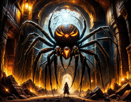 masterpiece, best quality, amazing quality, very aesthetic, absurdres, highly detailed, cinematic, (9 golden eyes, 9 golden eyes big spider monster:1.2), fighting BREAK
underground city, cracked crystals, glowing golden light, light inside crystals, ancient stone buildings, ruined architecture, fantasy ruins, mysterious underground, giant spider monster, 
glowing spider eyes, fantasy underground world, magical crystals, golden glow mist, dark cavern city, decayed temple, web-covered ruins, ancient fantasy city, mythical underground monster, spider crawling wall 
 <lora:dvr-rst:0.8> , dvr-rst <lora:add-detail-xl:1> <lora:cfg_scale_boost:0.4>