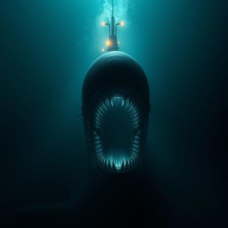 megalophobia, thalassophobia, a submarine sailing on the (bottom of the ocean) with the lights pointing forward, the front of the submarine has an abyssal monster with its mouth open ready to swallow it, it is not possible to estimate its size, but the monster makes the submarine seem insignificant