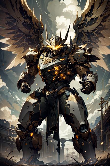 <lora:EbonyGoldMecha:1>, (masterpiece, best quality:1.3),extremely high detailed, intricate, 8k, HDR, wallpaper, cinematic lighting ,(universe), glowing, armor, glowing eyes, mecha, large wings, 