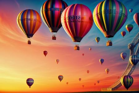 "Eyeball-shaped hot air balloons drifting through a pink sunset sky, magical realism style, clean outlines, dreamy colors, high-definition digital art"