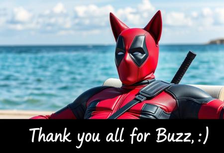 Deadpool with red cat ears on his head. His mask expresses happiness. He is lying on a sun lounger by the sea. Photo in a photo card. At the bottom of the photo card is the inscription "Thank you all for Buzz :)"