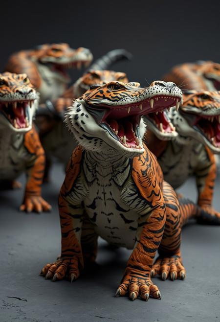 A heard of Tigators, Tiger With Alligator hybrids. it is roaring and looking fierce with it's alligator snout open for a bite,  elongated head of an alligatori, t has scales instrad of fur. He has short stubby legs and a long flat tail, hes angry. Tigator, a Tiger and Alligator Hybrid creature, real,