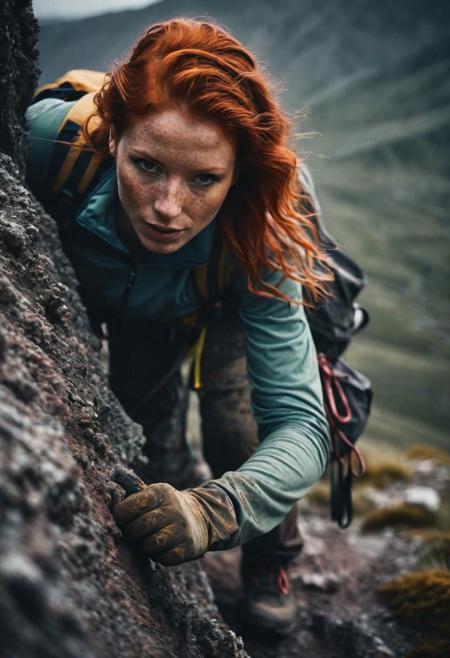 redhead woman climbing on mountains, closeup, intricate details, hyperdetailed, cinematic, dark shot, muted colors, film grainy, soothing tones, muted colors, technicolor, (muddy:0.6)