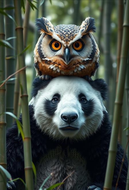 A wide angle shot frontview of a hybrid creature, with the body of a big (panda:2) bear with distinctive black and white fur, and the head of an (owl:1) with expressive owl eyes, perched in a bamboo forest, ultra detailed, high resolution, photorealistic, cinematic, and 4k, high quality, masterpiece