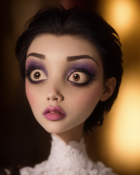 by TimBurton Animation <lora:TimBurton_Animation_offset:1.2>, 1girl, solo, blurry, blurry background, black hair, wide-eyed, short hair, horror \(theme\), lips, dark, makeup, portrait, black eyes